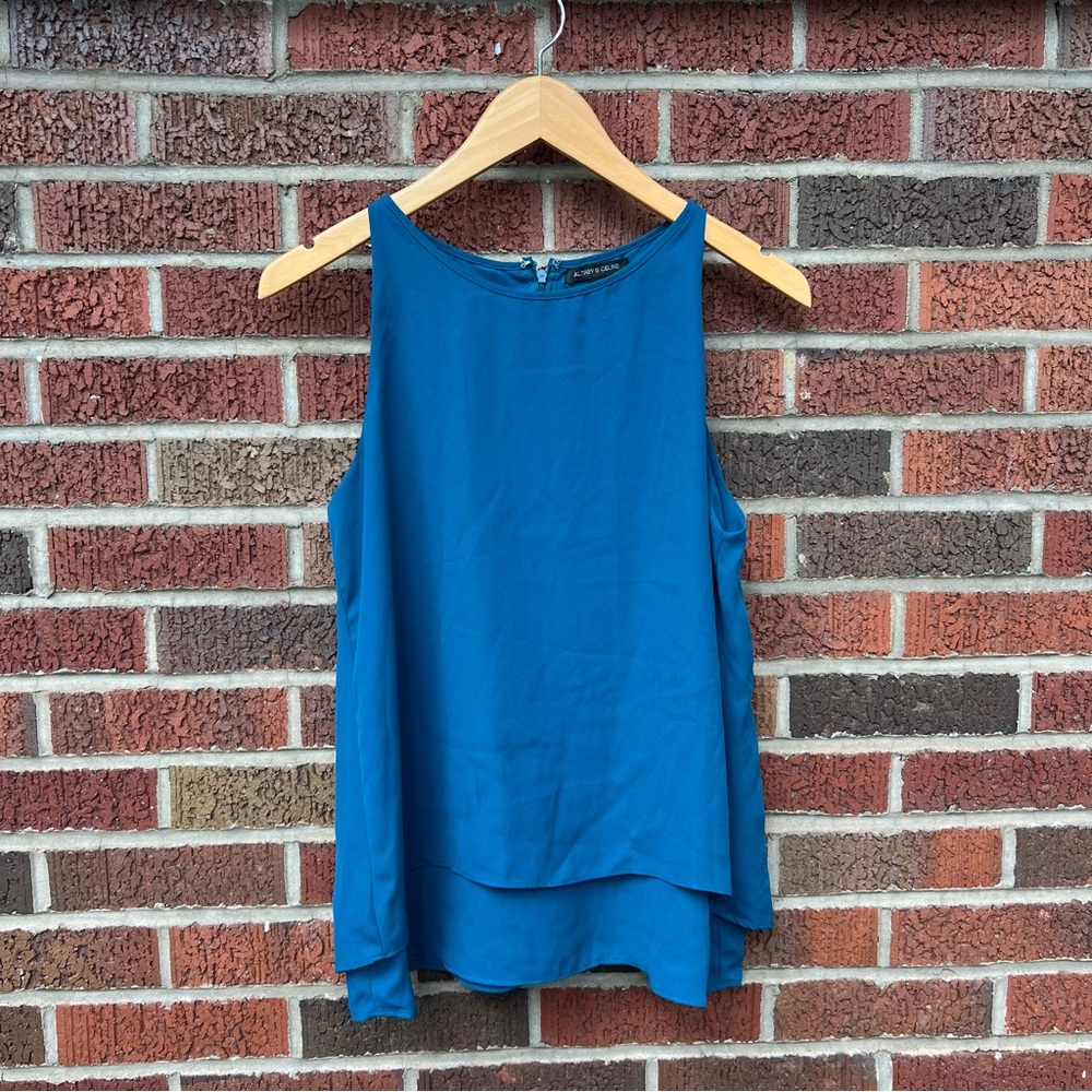 Audrey & Celine Teal Blue Chiffon Cut In Layered Tank Top